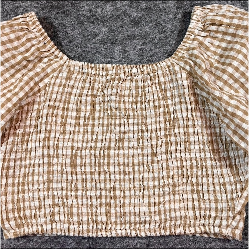 Sim & Sam Crop Top Womens M Tan Gingham Smocked Boho Puff Sleeve Cottagecore - Picture 5 of 10